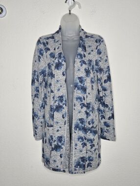 Soft Surroundings Blue Floral Open Front Cardigan Sweater Lightweight Women’s M